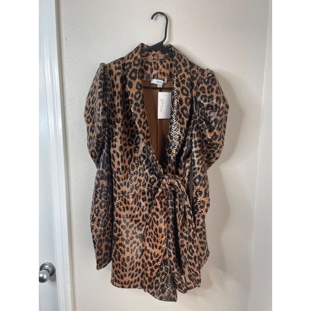SJ Style Leopard Snakeskin Puff Sleeve Wrap Romper Women’s Large Statement Y2K
